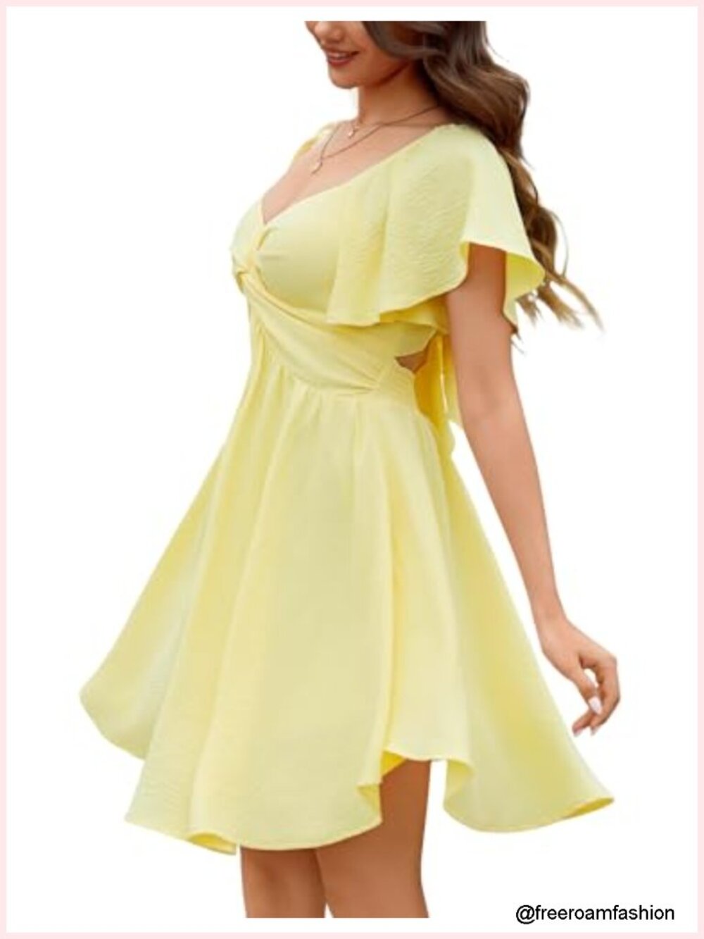 Sweetheart Knot Front Dress Flutter Sleeve Tie Back A-Line Mini Dress Chiffon - Picture 3 of 6